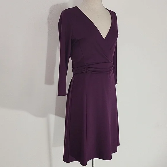 Lands' End Dress A-Line Stretchy Faux Belt 3/4 Sleeve Plum Size 4 - Picture 6 of 12